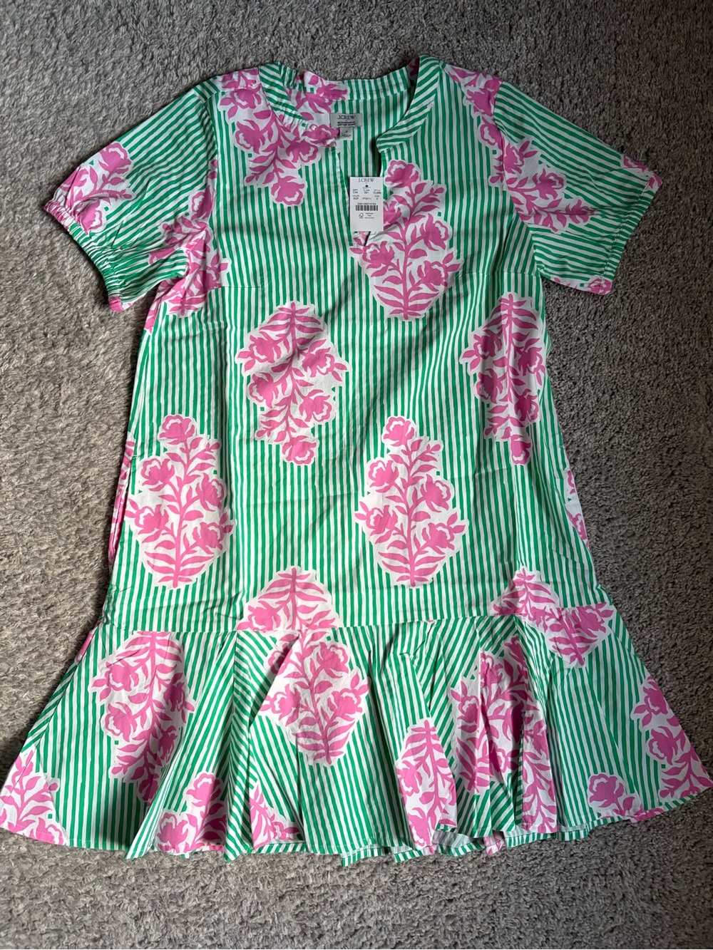 J. Crew Green & Pink Striped Floral Drop-Waist Dress